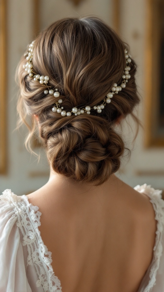 Victorian-inspired low chignon hairstyle adorned with pearls.