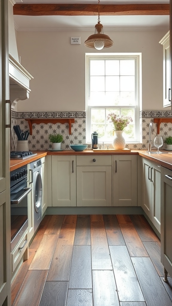 A Victorian-inspired kitchen featuring patterned tiles, wooden flooring, and green cupboards.