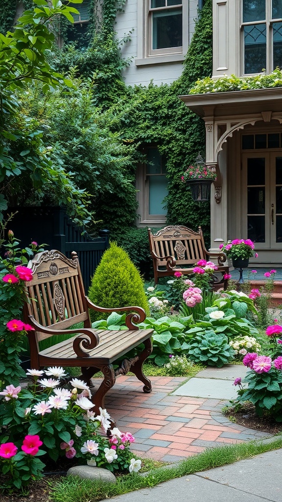 Victorian-style wooden benches in a garden with colorful flowers.