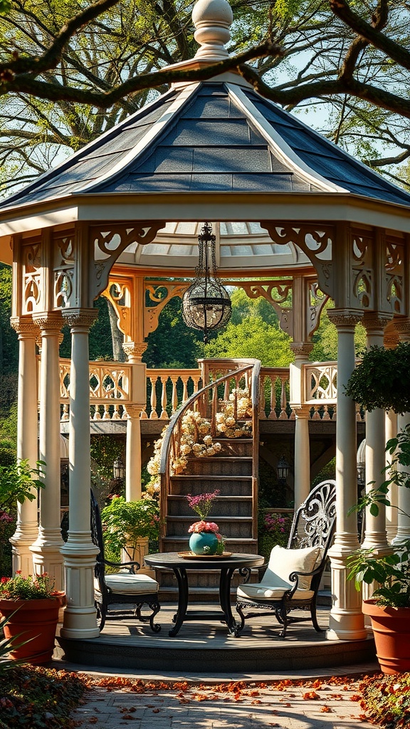A Victorian-style gazebo with a spiral staircase, elegant columns, and a chandelier, surrounded by vibrant flowers.