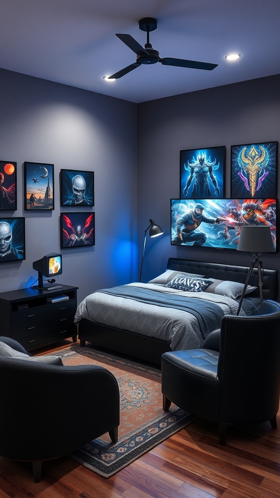 A stylish bedroom designed for gaming, featuring dark walls, vibrant game-themed artwork, a comfortable bed, and cozy seating.