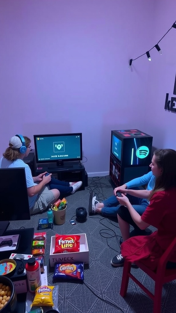 Two friends playing video games in a cozy gaming setup with snacks around them.