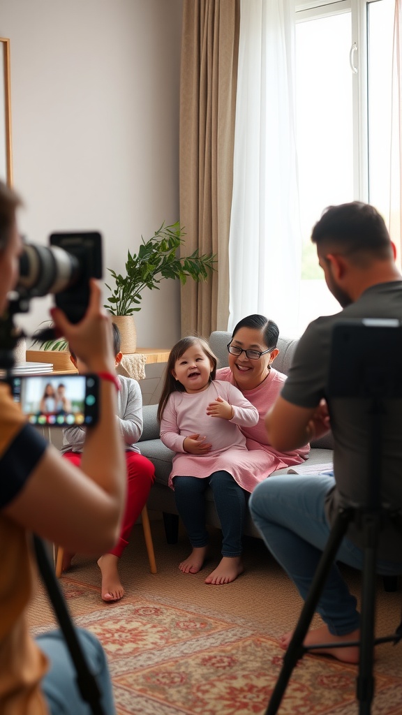 A family filming a video announcement about their new baby, sitting on a couch with joy and excitement.