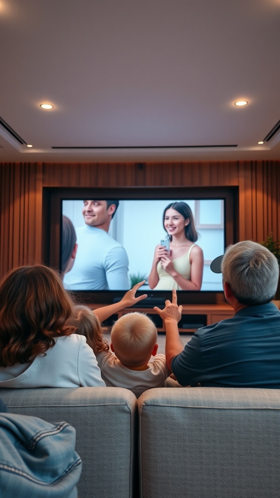 A family watching a video message together at a gender reveal party.