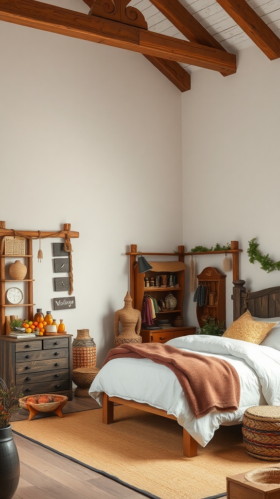 A cozy bedroom with wooden furniture, a bed, and decorative items, inspired by Minecraft villagers.