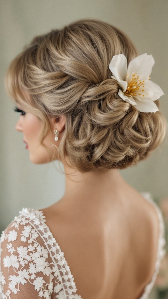 A vintage-inspired bob hairstyle with soft waves and a floral accessory.