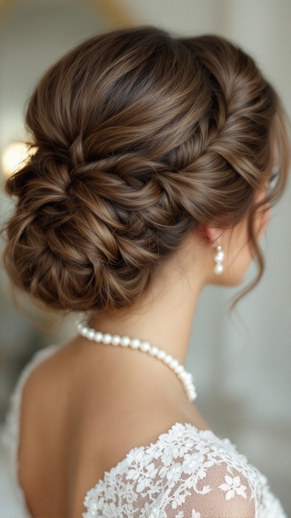 A beautiful vintage-inspired braided chignon hairstyle for bridesmaids, featuring soft braids and a classic bun.