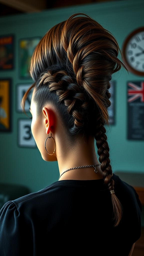 A woman with a vintage-inspired braided mohawk hairstyle showing intricate braids and a stylish silhouette.