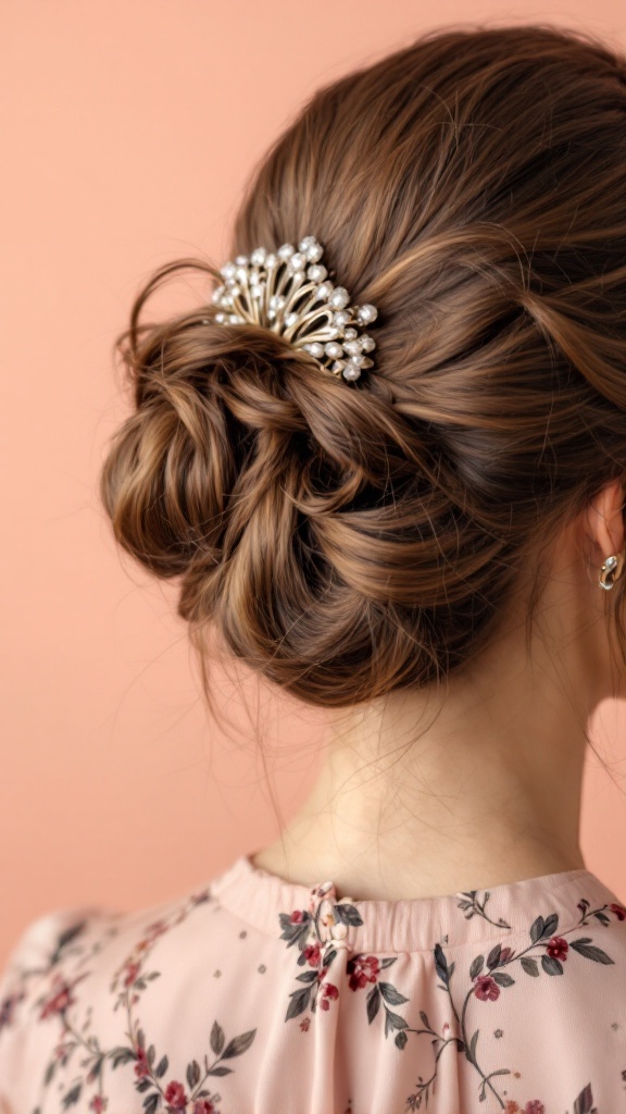 A vintage-inspired claw clip updo hairstyle for short hair, featuring a decorative clip and soft tendrils.