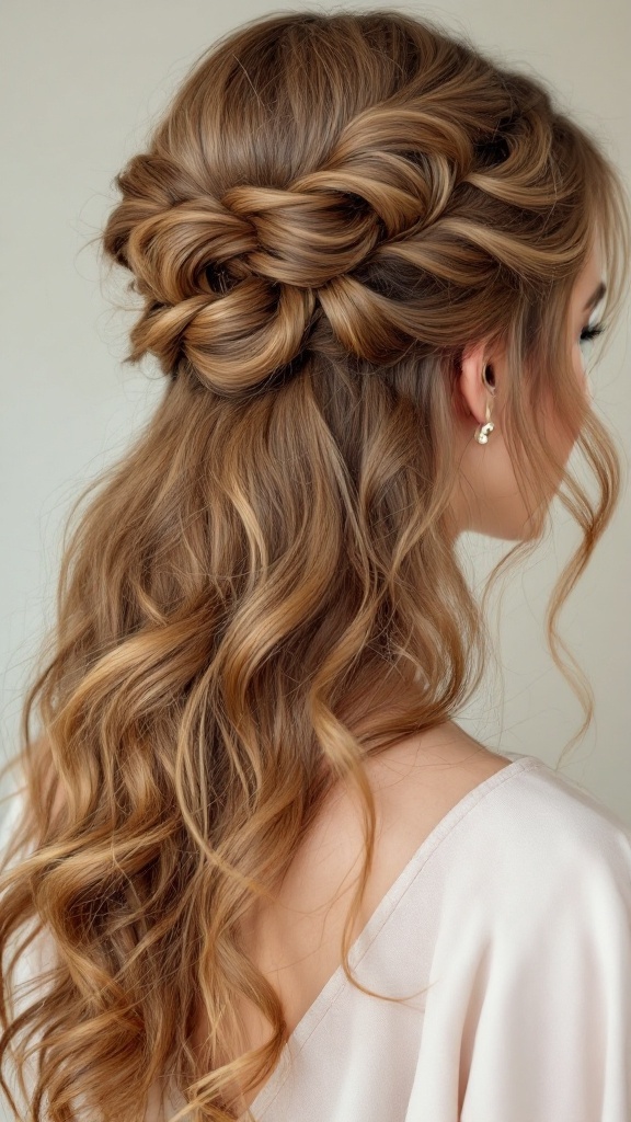 A vintage-inspired claw clip updo hairstyle featuring long hair styled in elegant twists and soft waves.