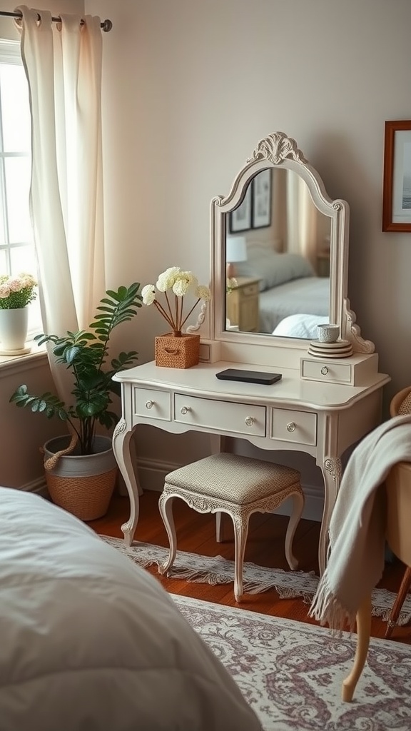 Vintage-inspired bedroom vanity and desk combo with a mirror and potted plants.
