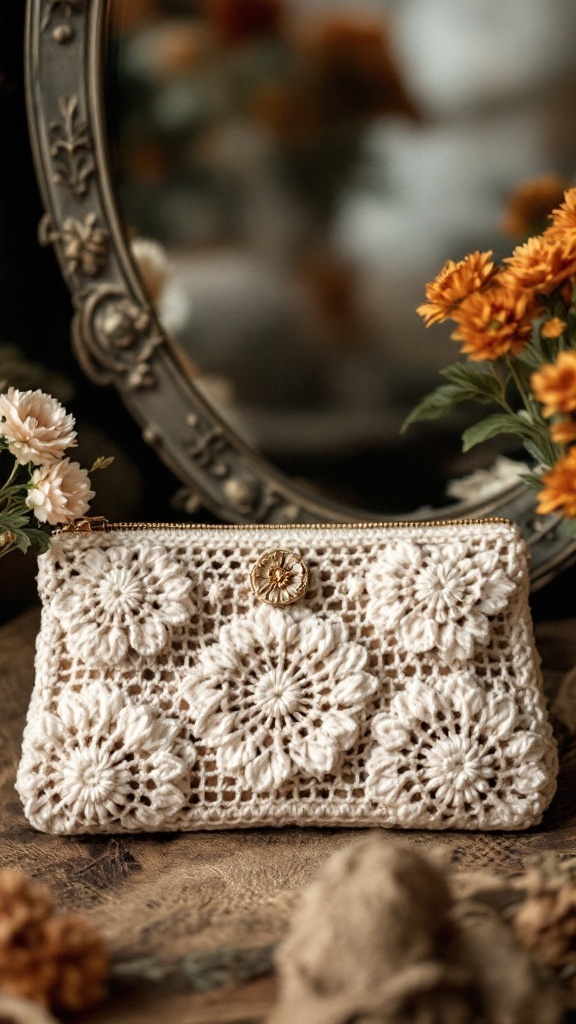 A vintage-inspired crochet clutch with floral patterns, set against a rustic background.