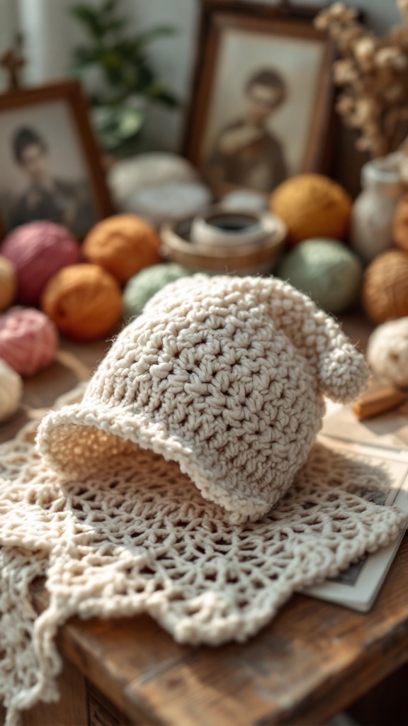 A vintage-inspired crochet baby hat displayed on a wooden table with colorful yarns and nostalgic photographs.