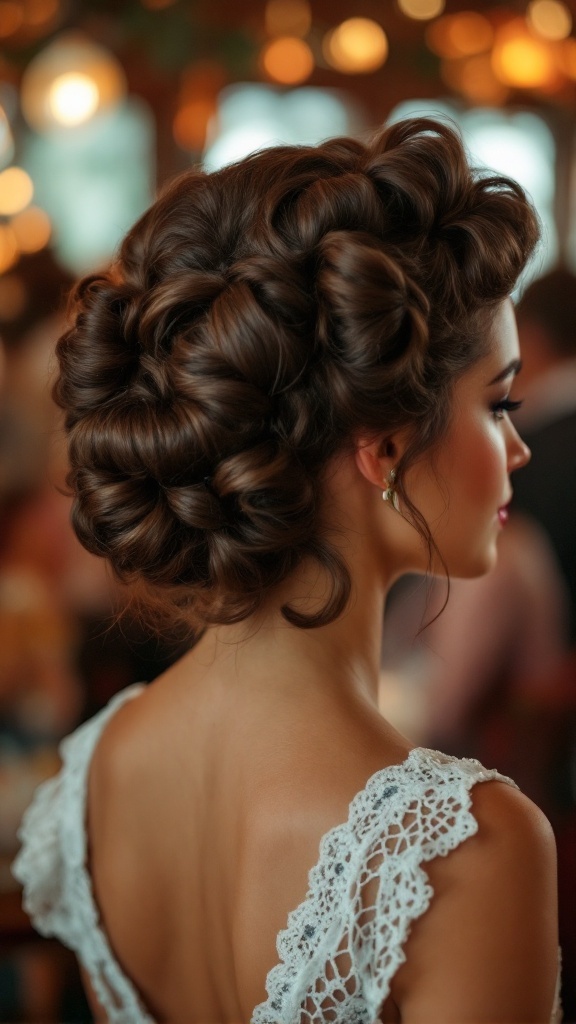 A vintage-inspired crochet updo hairstyle, featuring elegant curls arranged beautifully.