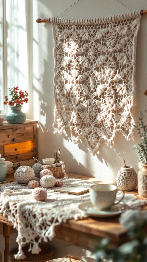 A vintage-inspired crochet wall hanging displayed in a cozy room with wooden furniture and yarn