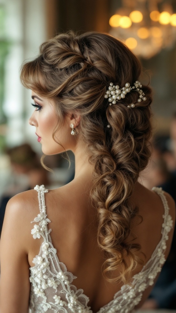 A side view of a woman with curly hair styled in vintage-inspired waves, adorned with pearl accessories.