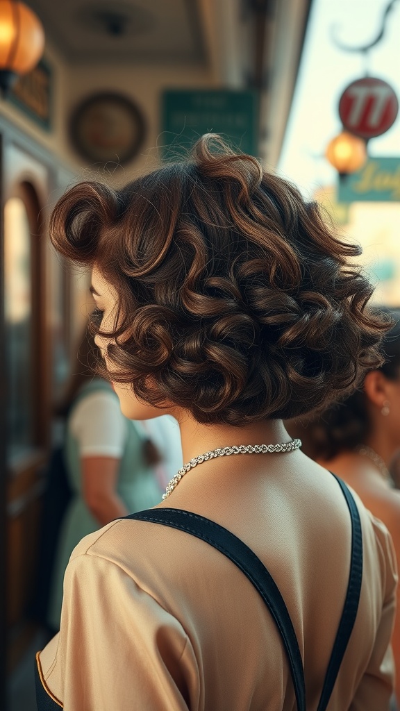 A woman with a vintage-inspired curly bob hairstyle, featuring soft bouncy curls, wearing a stylish outfit and a delicate necklace.
