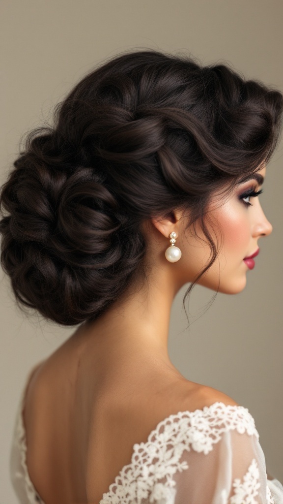A woman with a vintage-inspired curly bouffant hairstyle, wearing a lace dress and pearl earrings.