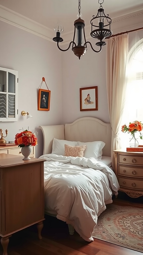 A cozy vintage-inspired bedroom with a bed, nightstand, chandelier, and decorative artwork.
