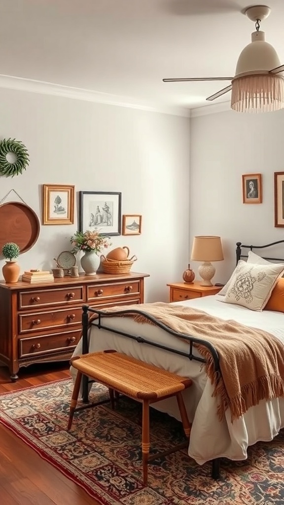 A cozy vintage-inspired bedroom featuring wooden furniture, warm tones, and framed artwork.