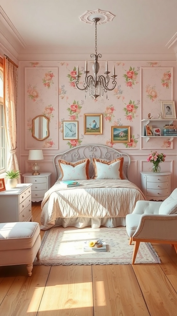 A vintage-inspired girly bedroom with pink floral wallpaper, elegant chandelier, and cozy furniture.