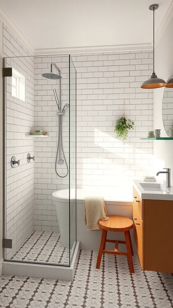 A vintage-inspired walk-in shower with white subway tiles, patterned floor tiles, a glass enclosure, and natural elements.