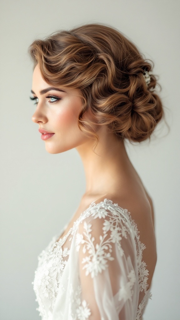 A woman with vintage-inspired finger waves hairstyle, showcasing elegant waves and romantic accessories.