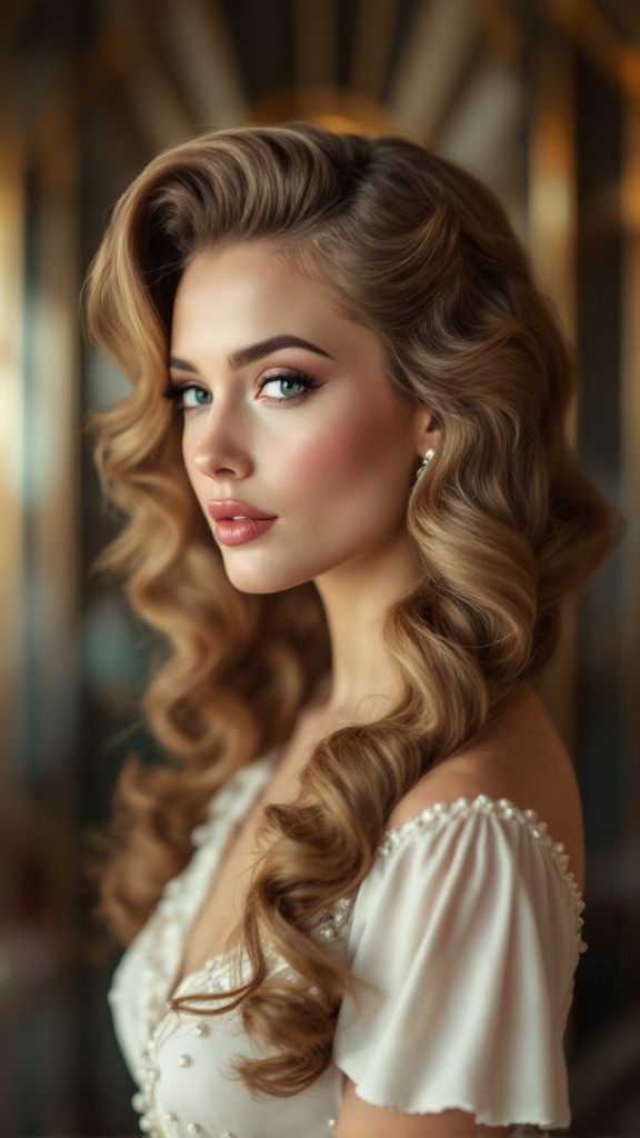 A model with vintage-inspired finger waves hairstyle, wearing a delicate bridal gown.