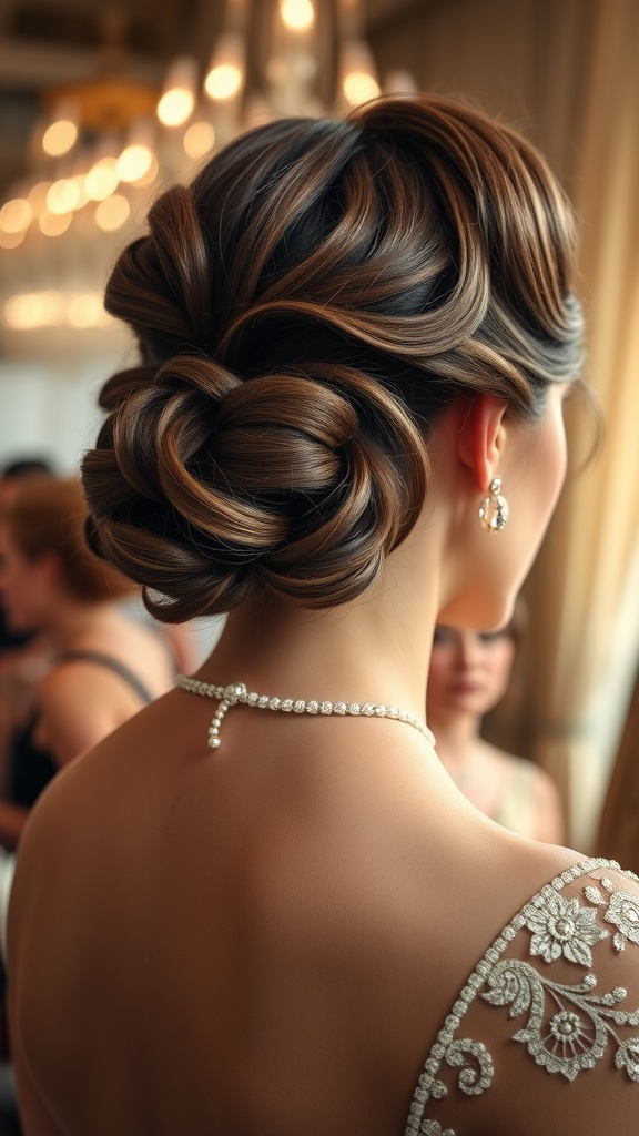 Close-up of a vintage-inspired finger wave hairstyle, showcasing elegant, flowing waves on long hair.