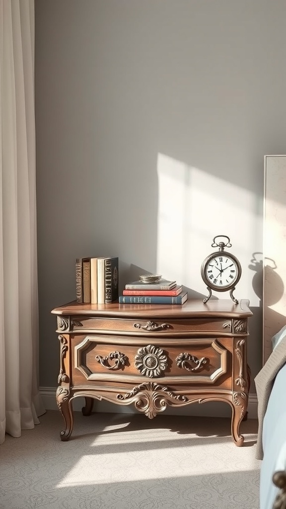 A vintage-inspired floating nightstand made of wood with ornate carvings, books, and a clock on top.