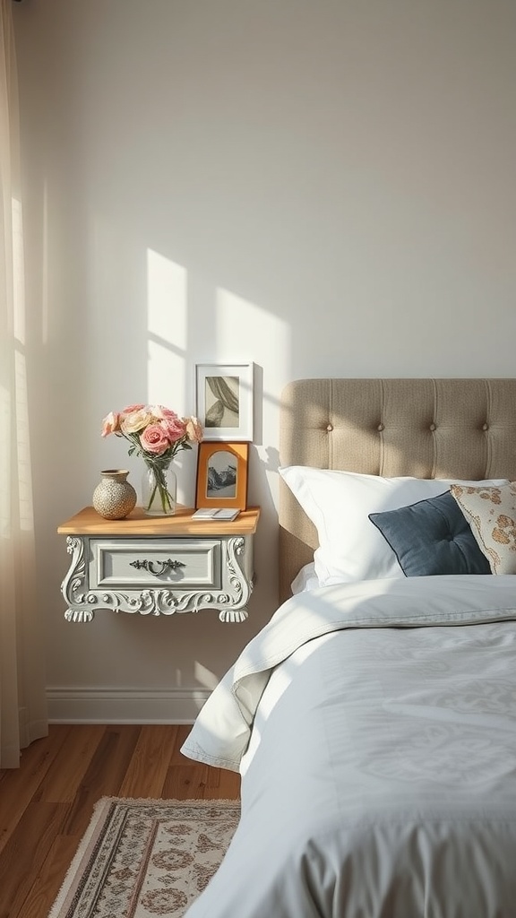 A vintage-inspired floating nightstand with ornate detailing, featuring flowers and framed pictures, next to a cozy bed.