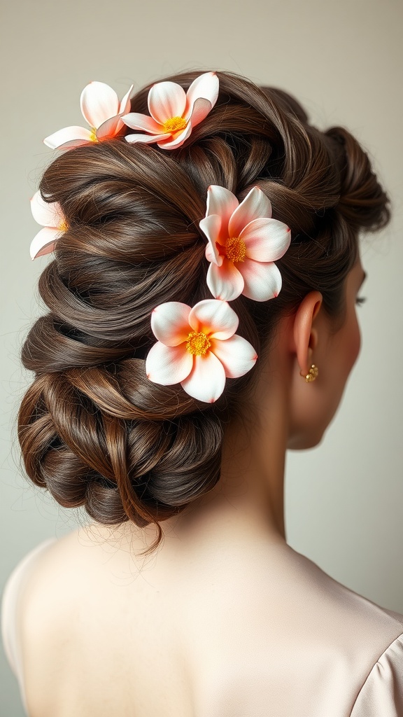 A woman with a vintage-inspired floral bouffant hairstyle featuring pastel flowers in her hair.