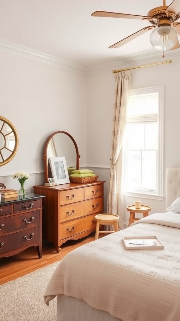 A cozy preppy bedroom featuring vintage-inspired furniture, including two wooden dressers and a round mirror.