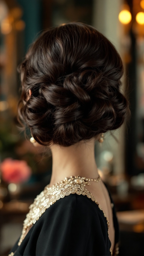 A close-up of a vintage-inspired Gibson Tuck hairstyle, featuring dark wavy hair styled elegantly.