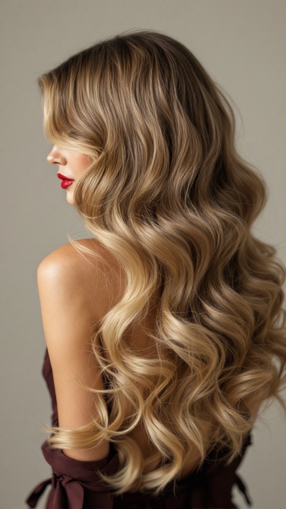 A model with long, wavy hair styled in vintage-inspired glam waves along with bold red lips.