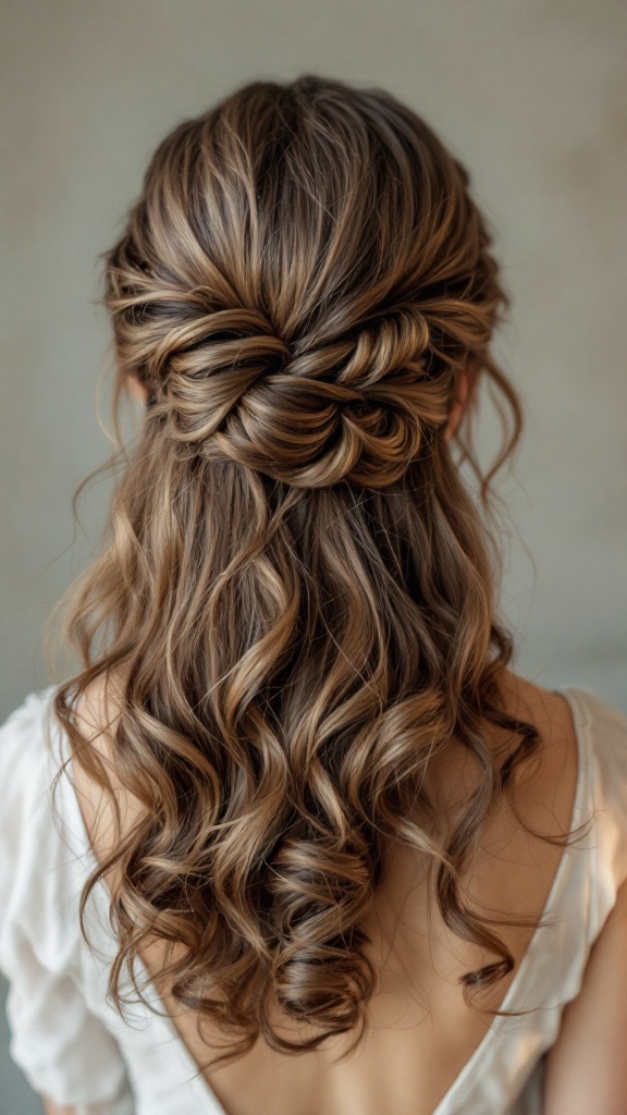 Vintage-inspired half-up twist hairstyle for the mother of the bride featuring soft curls.