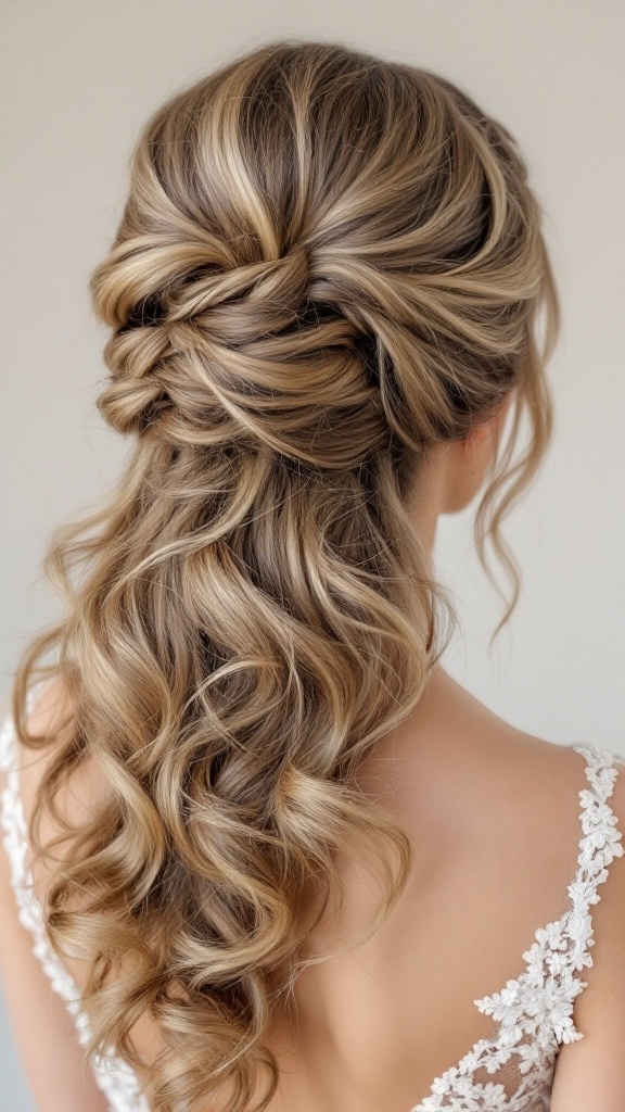 A vintage-inspired half updo hairstyle with soft curls and intricate braiding, perfect for bridesmaids.