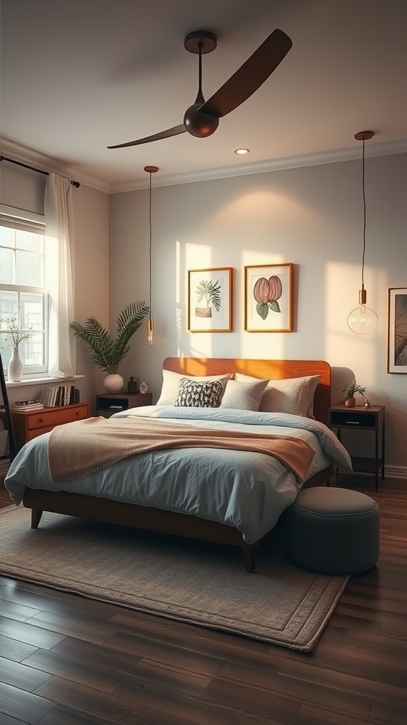 A mid-century modern bedroom featuring vintage-inspired lighting fixtures, including pendant lights and a ceiling fan.