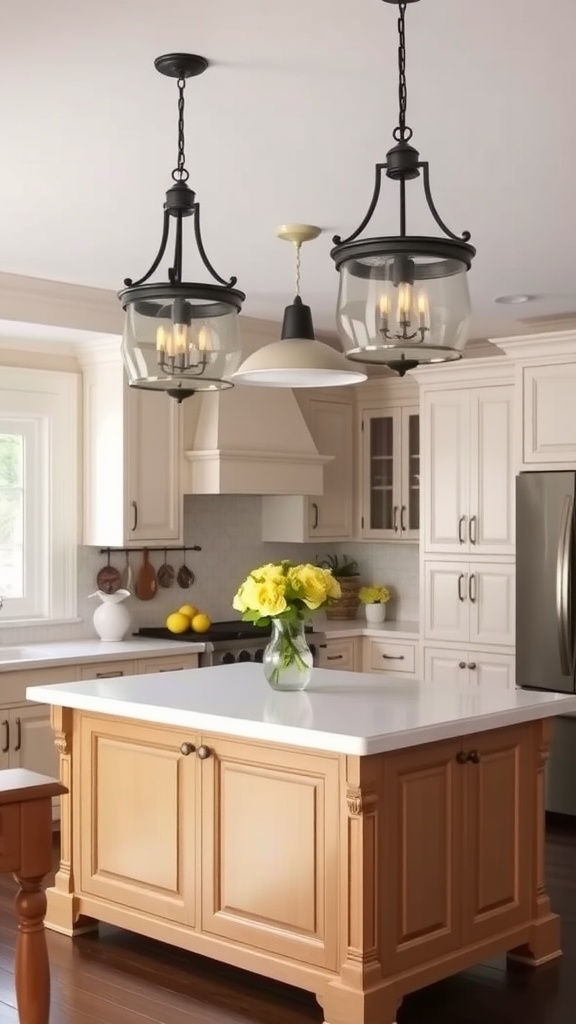 Vintage-inspired pendant lights over a kitchen island