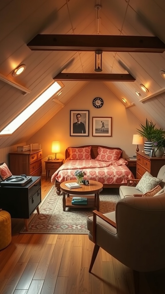 A cozy vintage-inspired attic room with sloped ceilings, warm lighting, and vintage furniture.