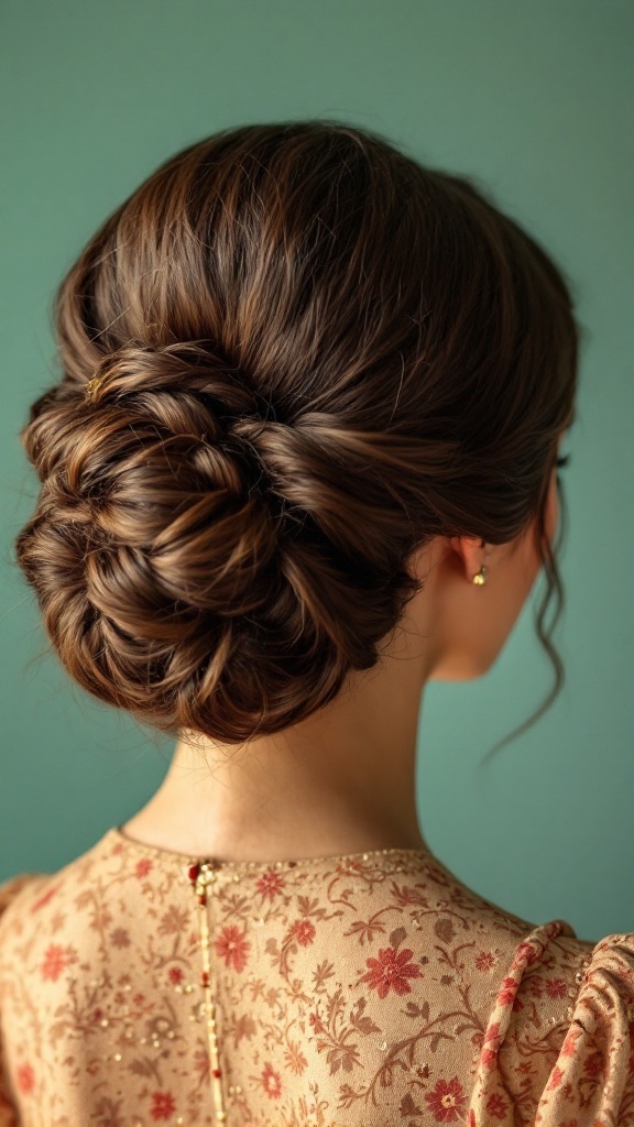 A woman with a vintage-inspired low chignon hairstyle, wearing a floral-patterned dress.