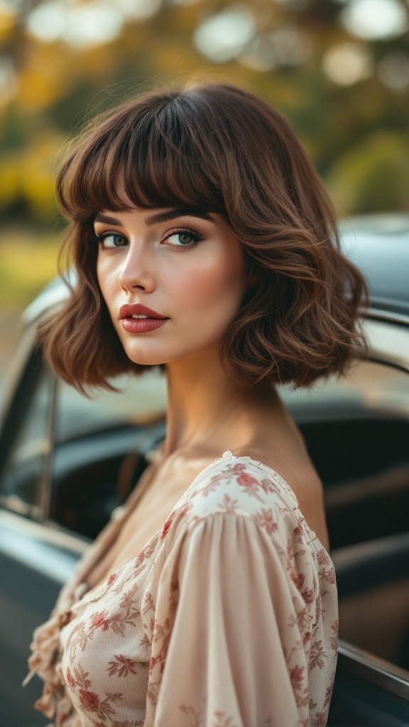 Woman with a vintage-inspired medium bob hairstyle and floral blouse