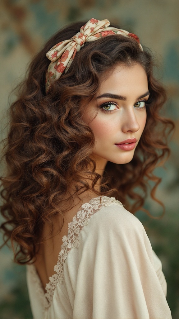A woman with medium, curly hair styled in vintage-inspired curls, wearing a floral headband.