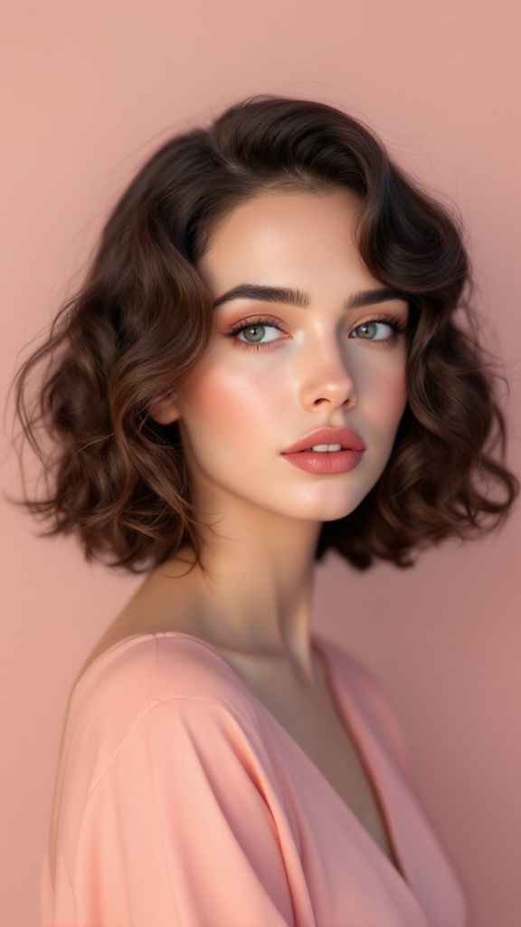 A woman with a vintage-inspired medium haircut featuring curly bangs.