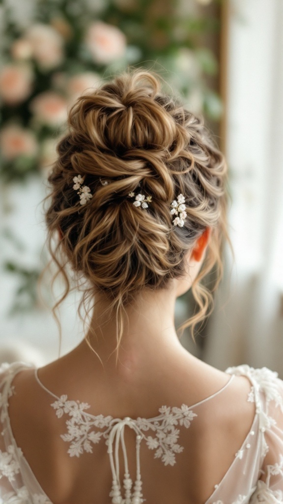 A woman with a vintage-inspired messy bun hairstyle adorned with hairpins, set against a floral backdrop.