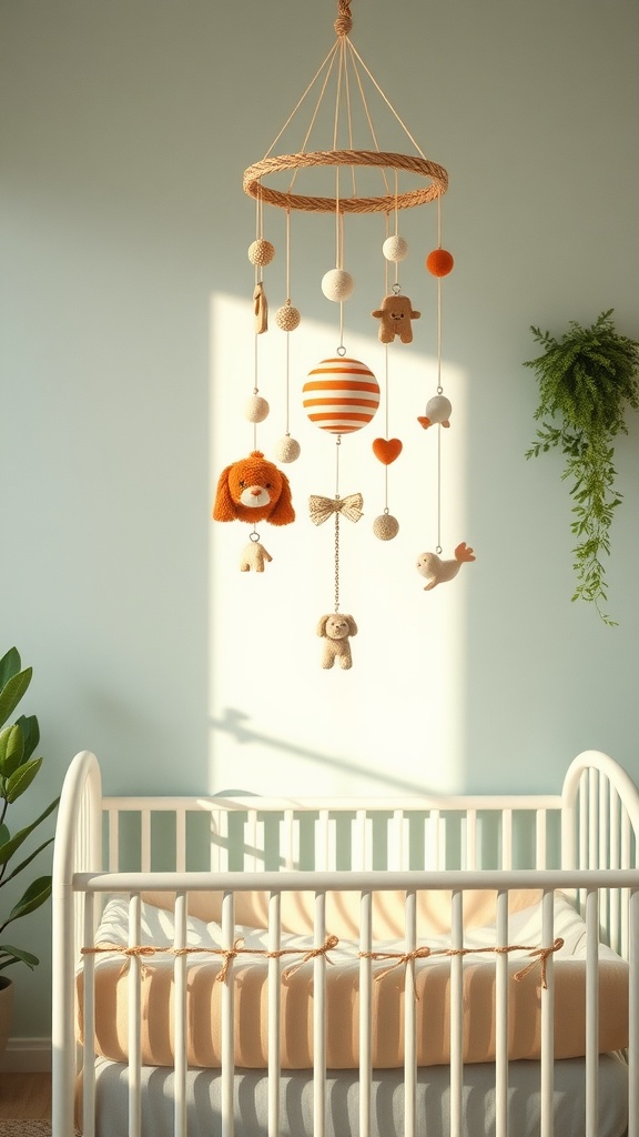 A vintage-inspired nursery mobile with soft toys and colorful shapes hanging from a rope frame, over a crib.