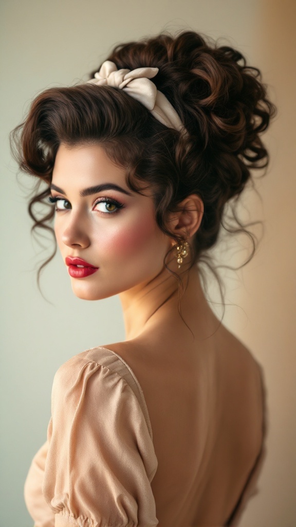 A model with a vintage-inspired pin-up updo hairstyle, featuring soft curls and a ribbon, showcasing a retro look.