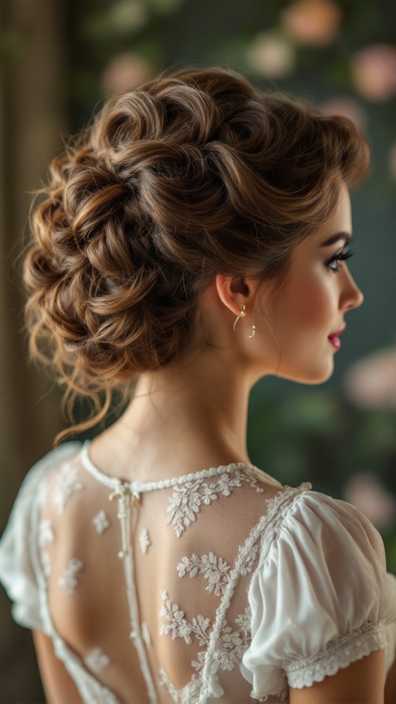 A side view of a vintage-inspired updo featuring pin curls, complemented by a delicate embroidered dress.