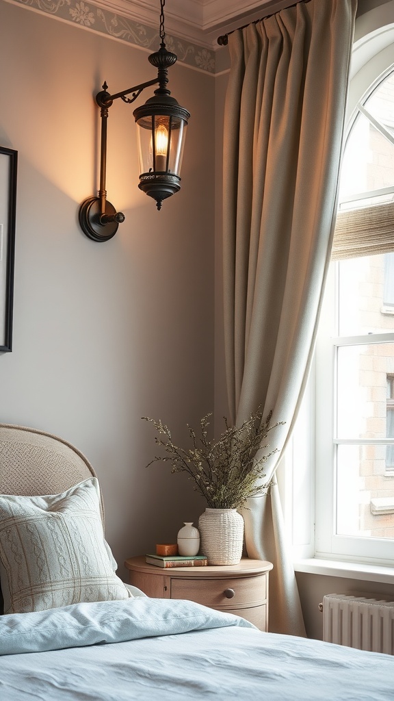 A vintage-inspired sconce with a lantern design illuminating a cozy bedroom setting.