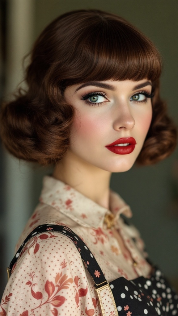 A model with wavy hair and side bangs, wearing a green shirt, showcasing a vintage hairstyle.